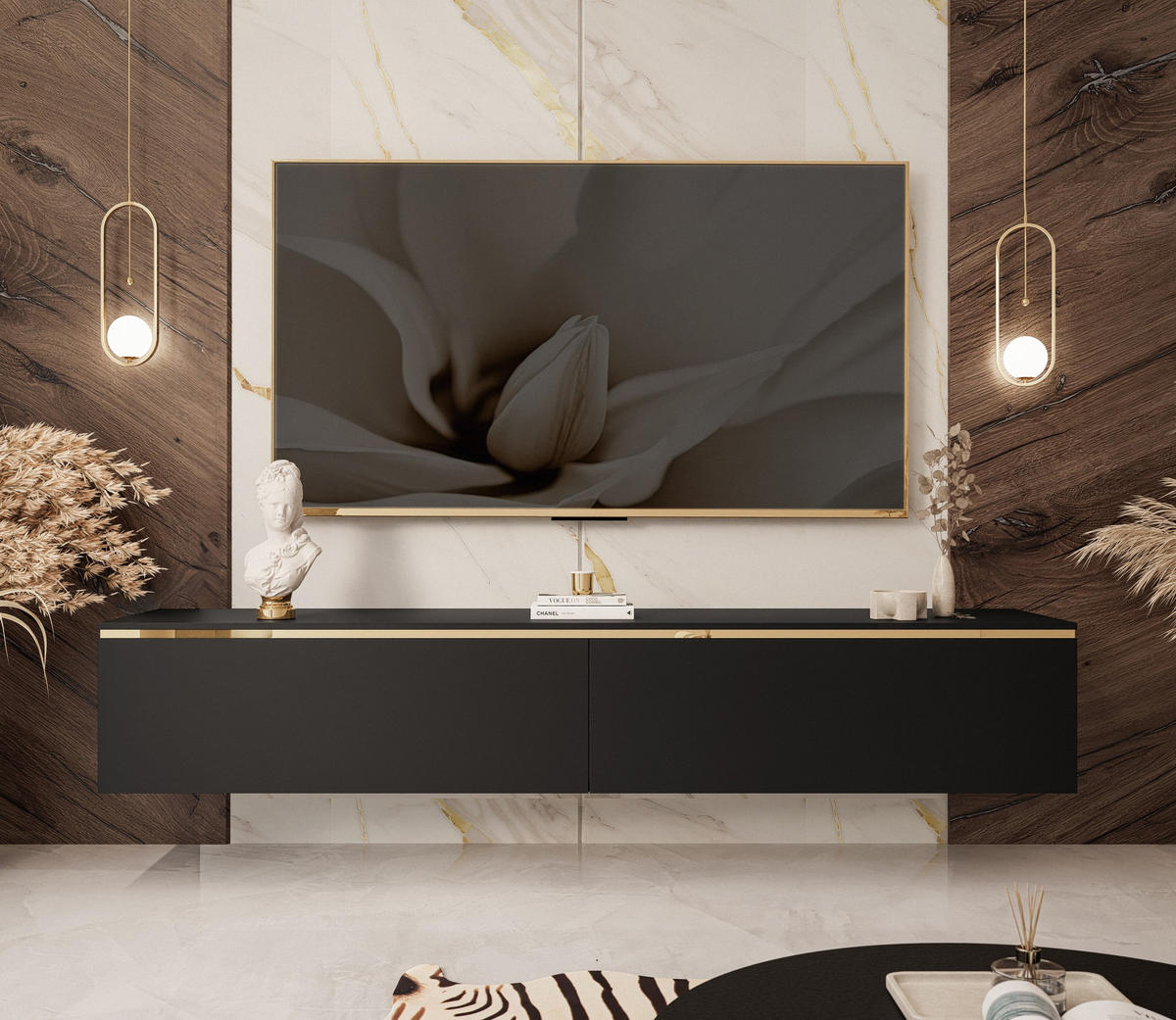 HÄNGESCHRANK TV-Möbel AURORA Schwarz Matt - Schwarz, Holzwerkstoff (180/32/40cm) - Lookway