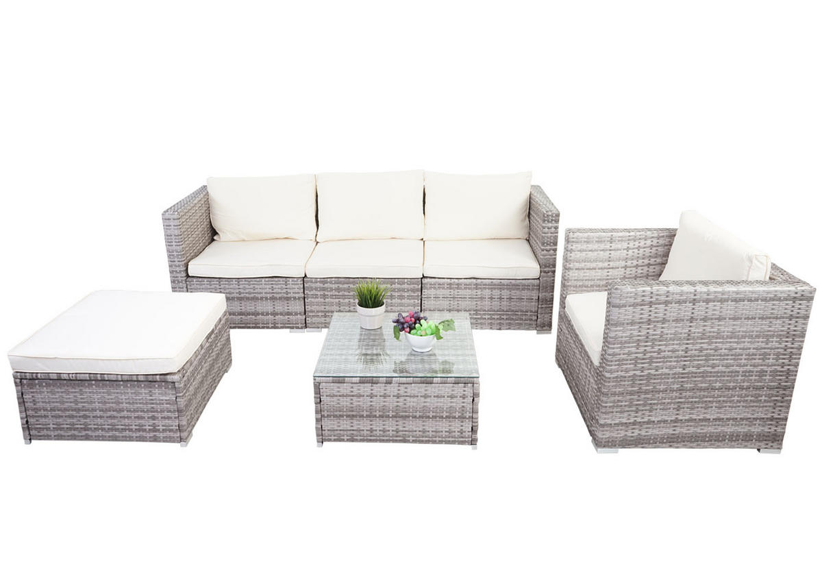 POLY-RATTAN-GARNITUR Grau, Cremeweiß - Weiß/Grau, Kunststoff - MCW