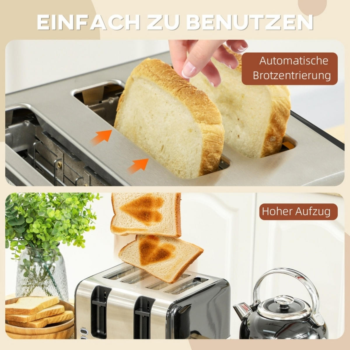 WASSERKOCHER-TOASTER , Retro Design, Edelstahl, Schwarz, 24,2/19,3/26,8 cm - Schwarz, Kunststoff (19.3/26.8/24.2cm) - Rolipo
