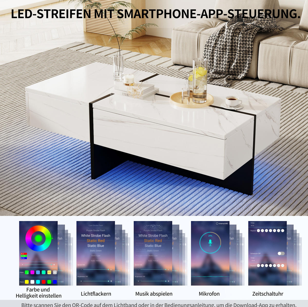 COUCHTISCH 100/50/34.5 cm weiß aus Spanplatte mit LED-Beleuchtung - Weiß, Holzwerkstoff (100/50/34.5cm) - OKMYHOME