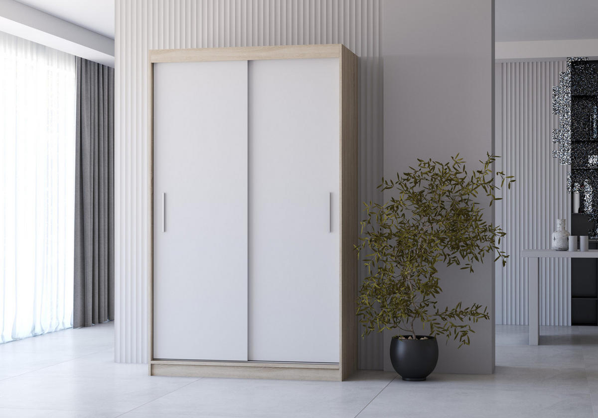 SCHIEBETÜRENSCHRANK - NOAH 04 Sonoma + Weiß - Weiß/Sonoma Eiche, Holzwerkstoff/Metall (120/200/61cm) - Möblo