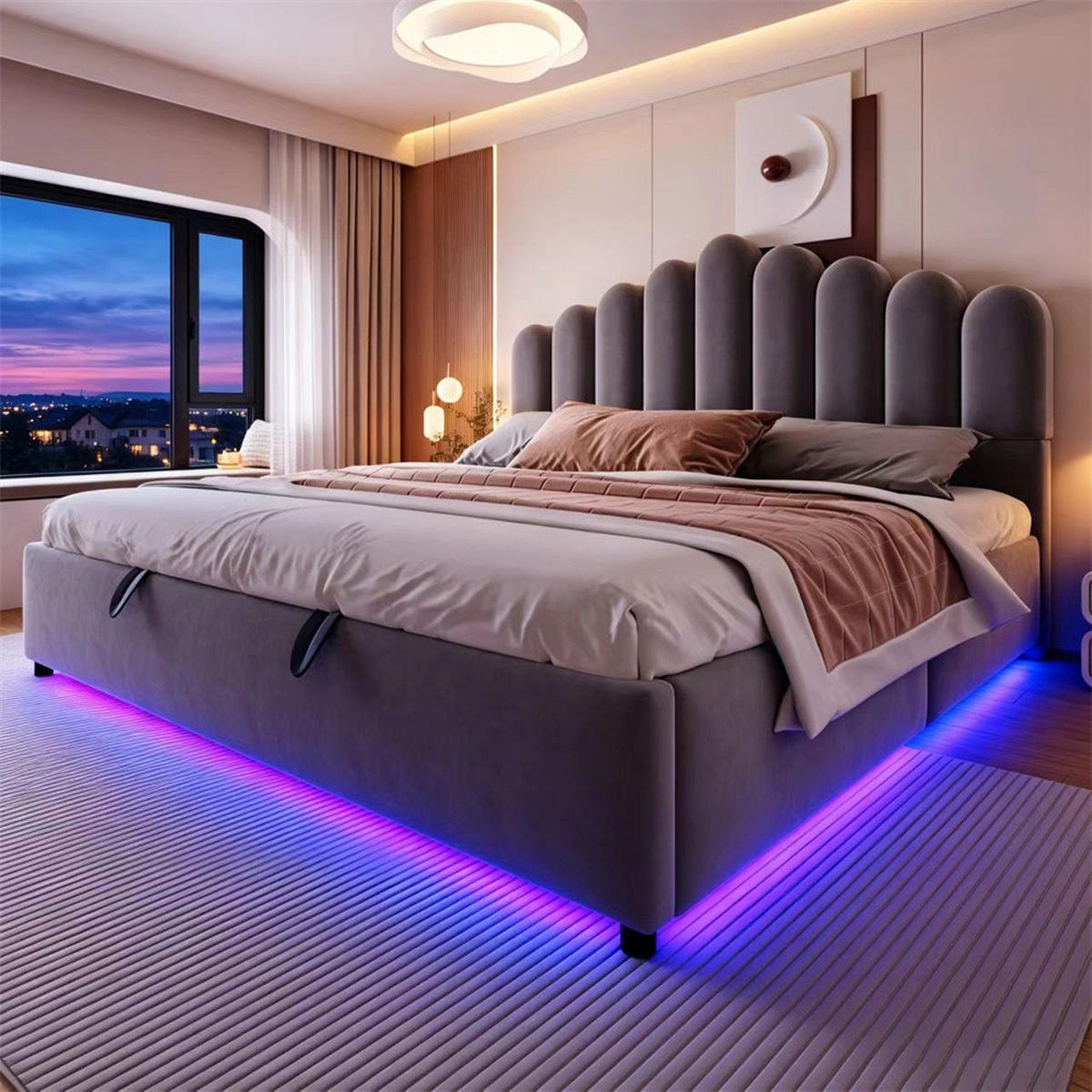 POLSTERBETT 180x200 cm mit voluminösem Kopfteil - hydraulischem Stauraum & LED-Beleuchtung - Grau - Samtstoff - Grau, Textil (180/200cm) - DELFA