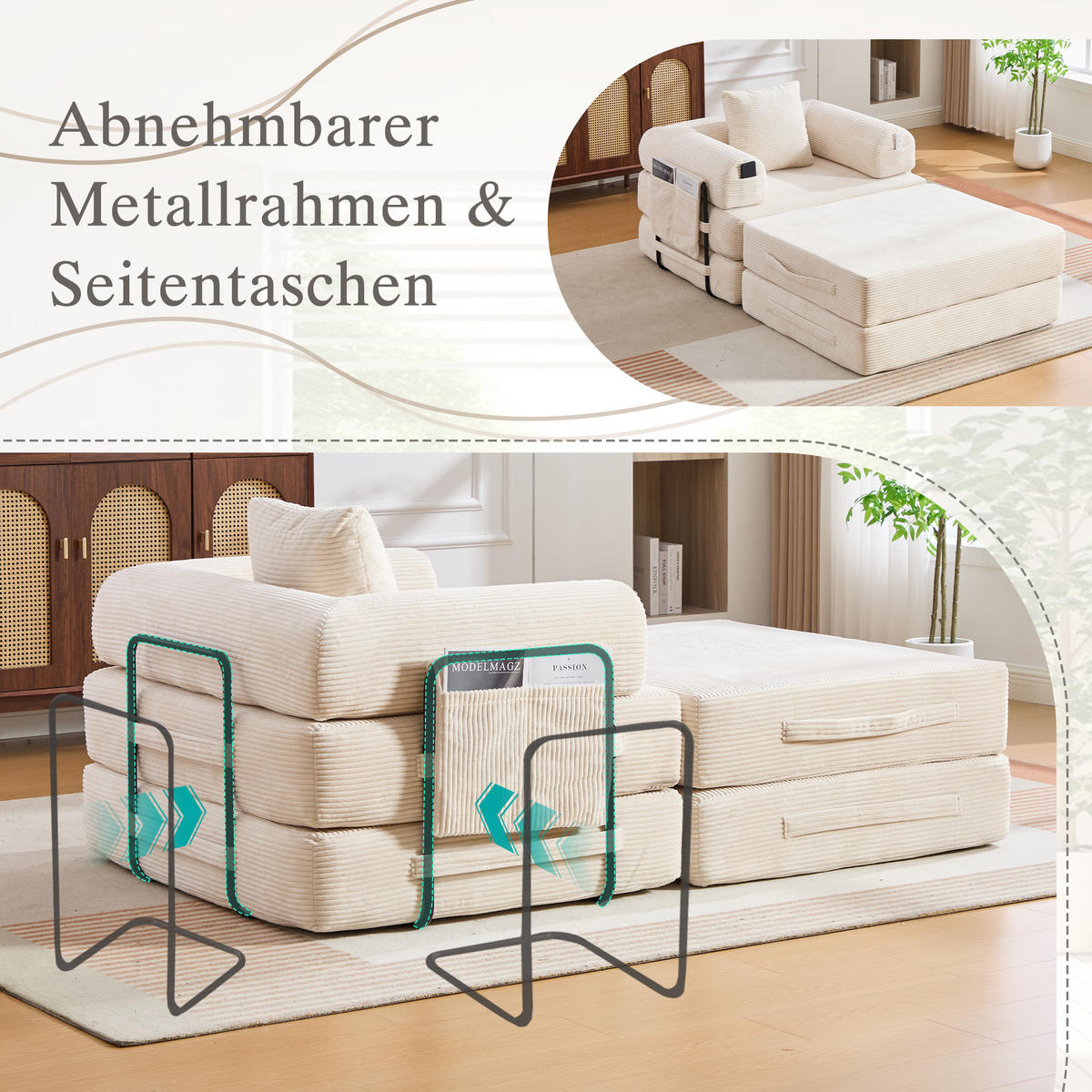 SOFA Cord Beige mit Kissen und Hocker - Beige, Textil/Metall (112/67/190cm) - WISHDOR