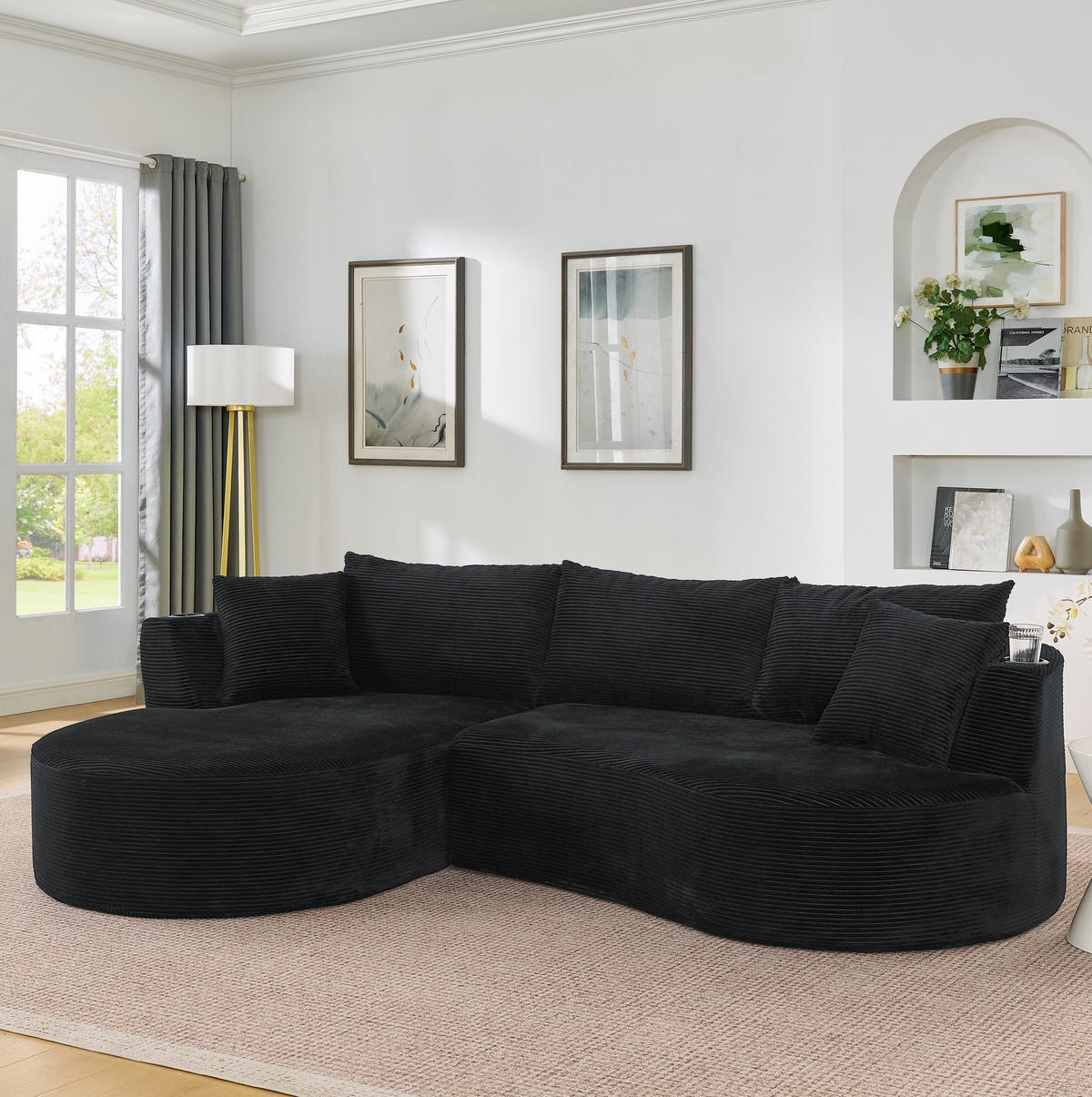 SOFA 3-Sitzer mit Getränkehaltern und Kissen aus weichem Kordstoff, Schwarz - Schwarz, Kunststoff (264/76/168cm) - Redom
