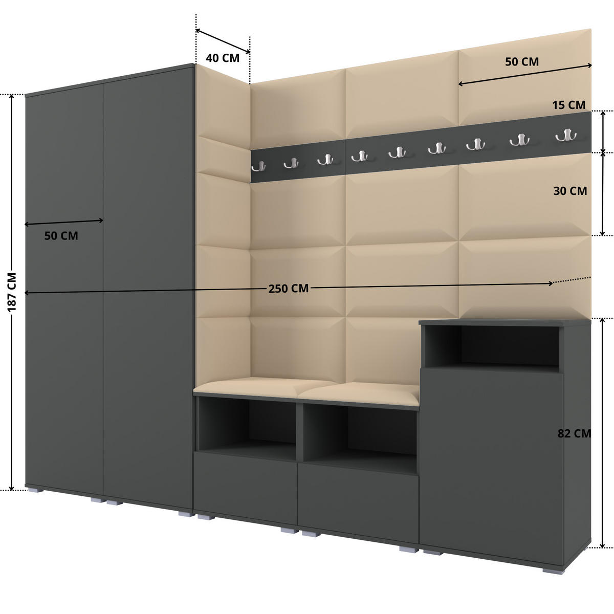 GARDEROBE NELA VIII 250 cm (Modulare Flurmöbel Graphit mit Sitzpolster Beige 04 2 Schränke + Sideboard) - Beige/Silberfarben, Holz/Holzwerkstoff (250/187/40cm) - Ravio