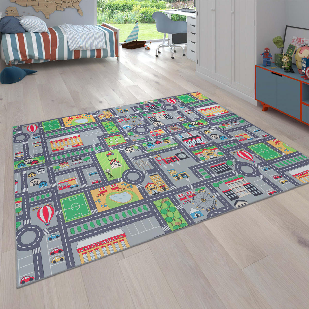KINDERTEPPICH waschmaschinenwaschbar Stadt‑Land‑Karten‑Muster Kinderzimmer schmutzabweisend Grau Rechteckig 100x200 - Grau, Textil (100/200cm) - KADIMA DESIGN
