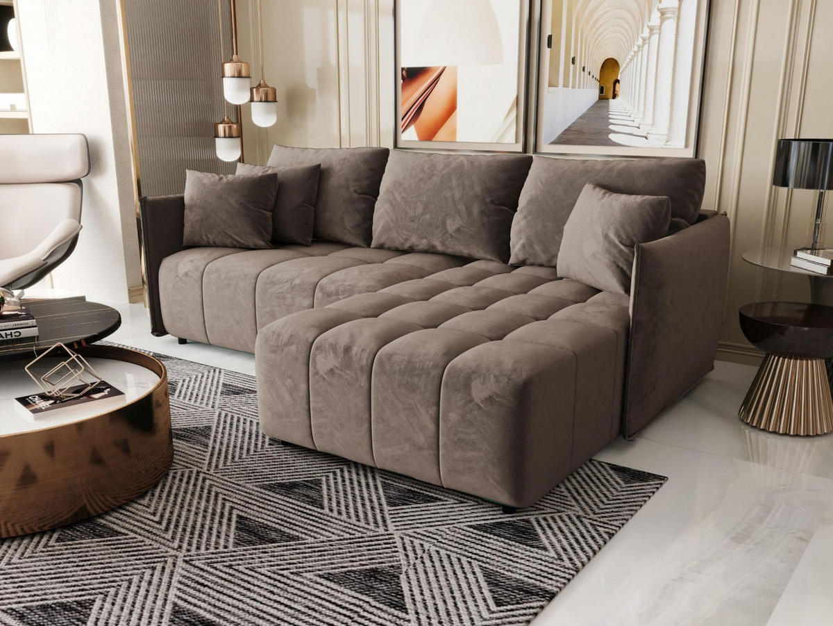 ECKSOFA CHICAGO rechts braun Velours Monolith 15 - Schlaffunktion, Bettkasten - Braun, Textil (245/184cm) - Cornero