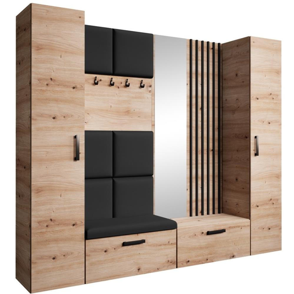 GARDEROBE Margaret XL 242/203/43 mit gepolsterten Paneelen/Lamellen/Spiegel - Schwarz/Eiche Artisan, Holzwerkstoff/Kunststoff (242/203/43cm) - Beautysofa