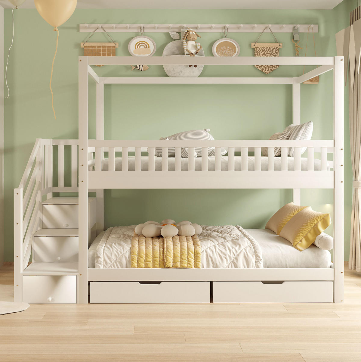 ETAGENBETT 90/200 cm aus Massivholz mit Hausform und Sicherheitsleiter - Weiß, Holz (90/200cm) - OKWISH
