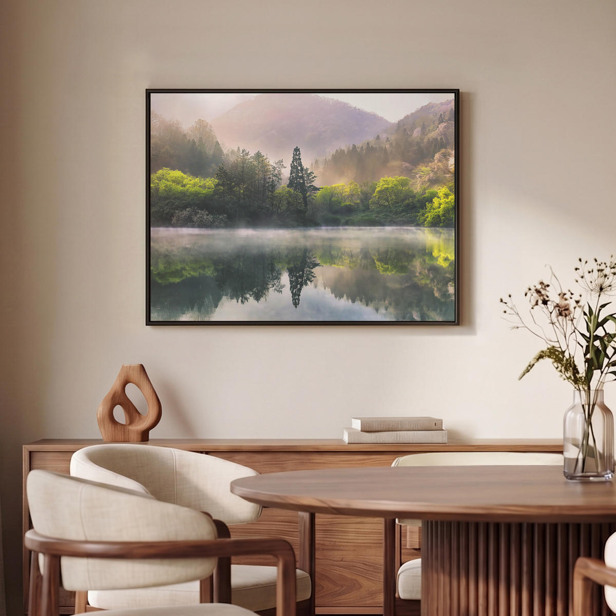LEINWAND Bilder mit Rahmen - Natur - Bäume - Berge - See - Wasser - 70x50 - Hellgrün, Textil (70/50cm) - MuchoWow