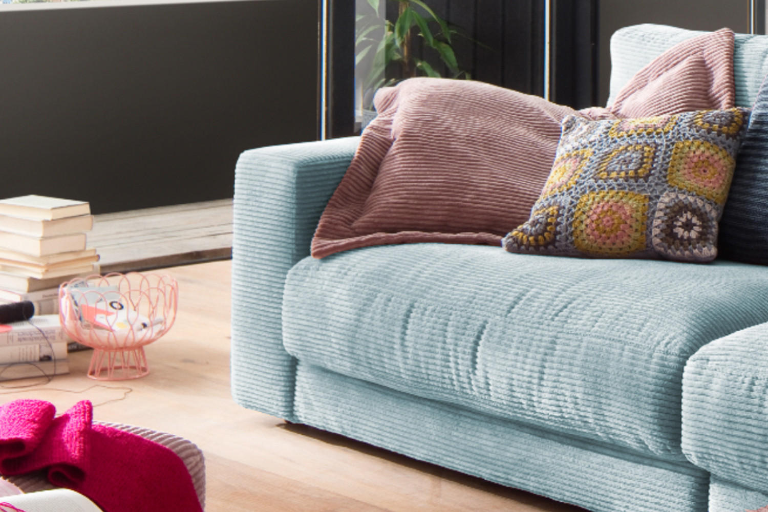 SOFA 3-SITZER MADELINE Hellblau Cord - Schwarz/Hellblau, Textil (290/85/127cm) - KAWOLA