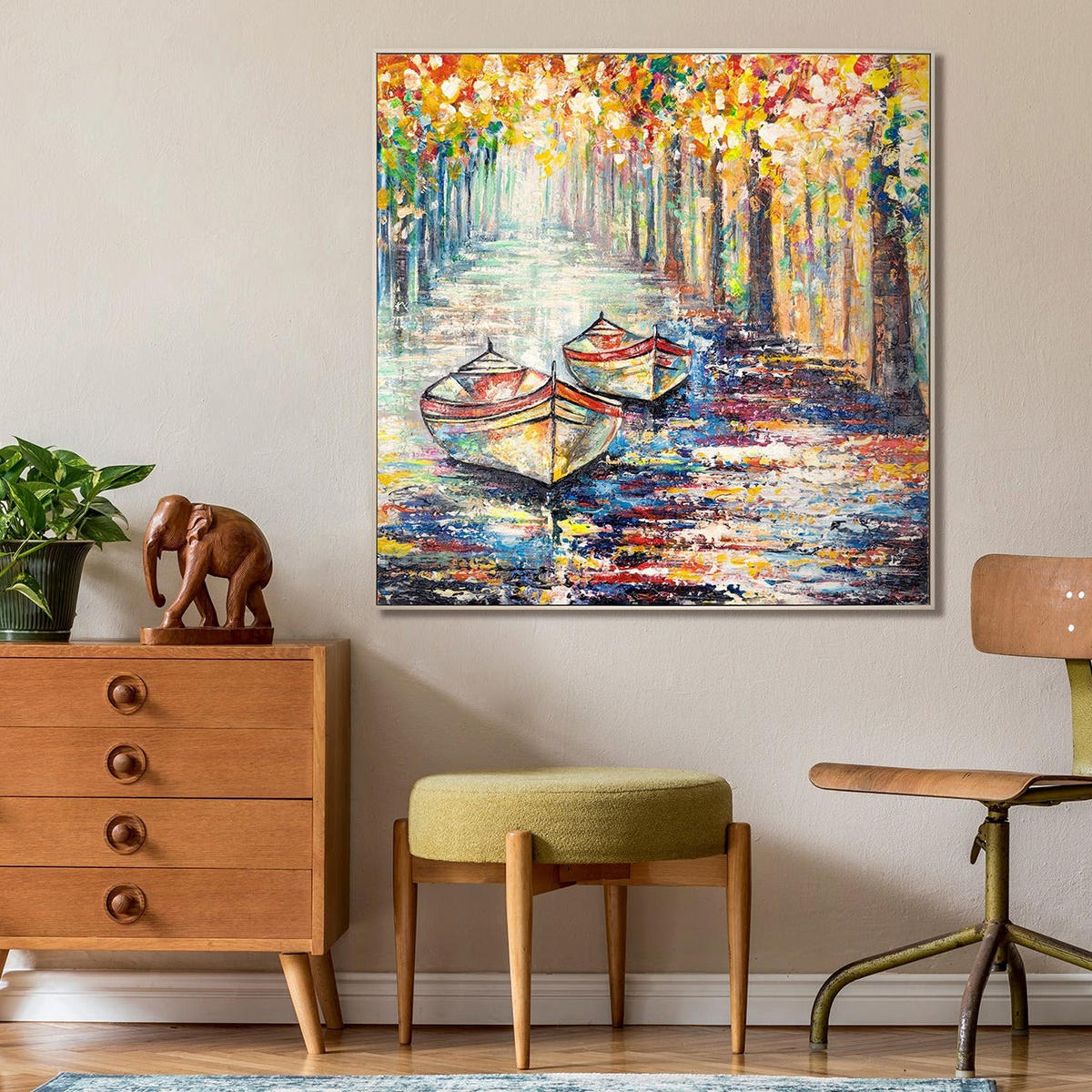 GEMÄLDE Herbstlicher Anlegeplatz Schattenfugenrahmen Beige 100x100 cm - Beige, Holz (100/100cm) - YS-art gallery