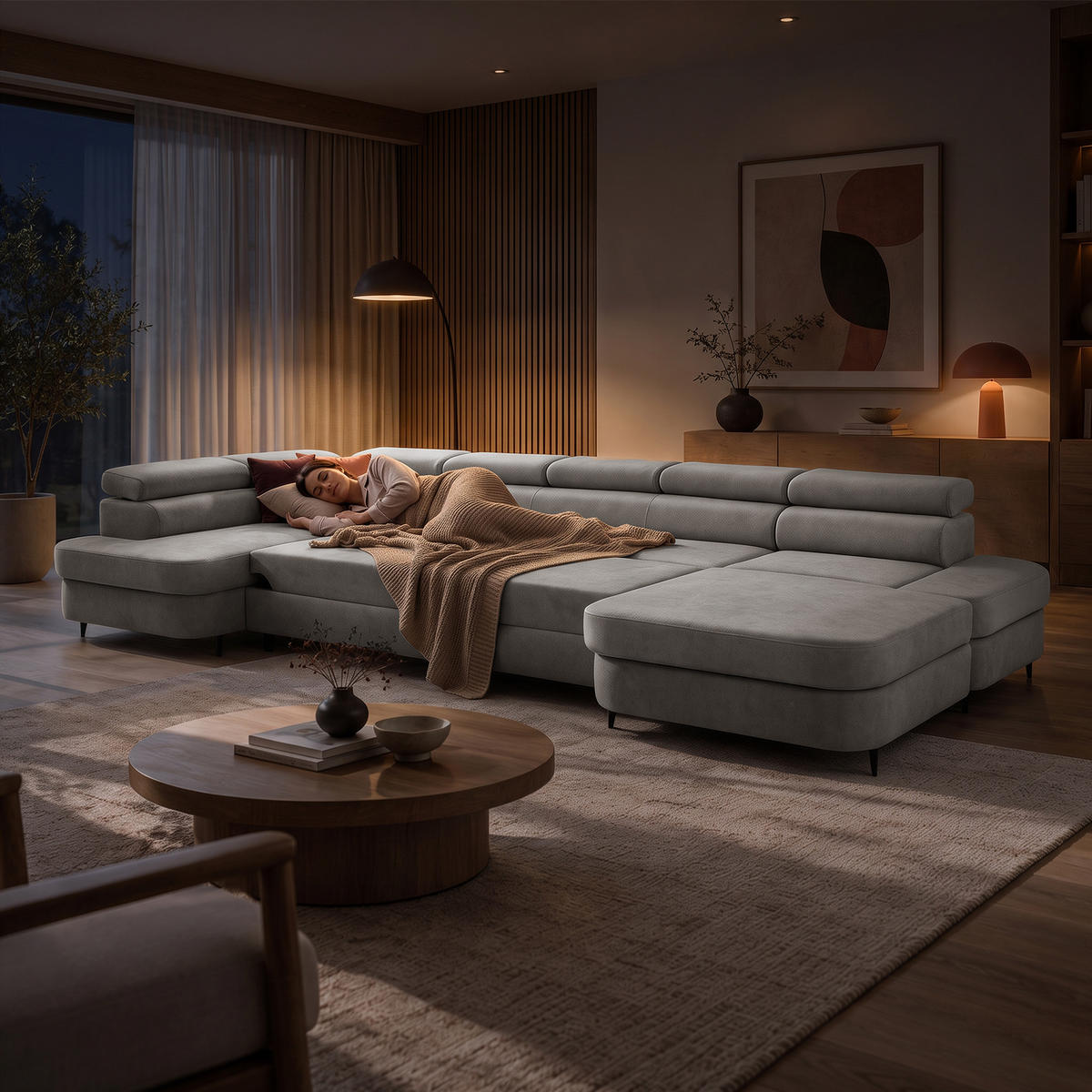 ECKSOFA U-Form PRIAM MAXI U Links mit Schlaffunktion 125x317 Velours Hellgrau - Hellgrau/Schwarz, Holz/Textil (203/91/400cm) - Muffo