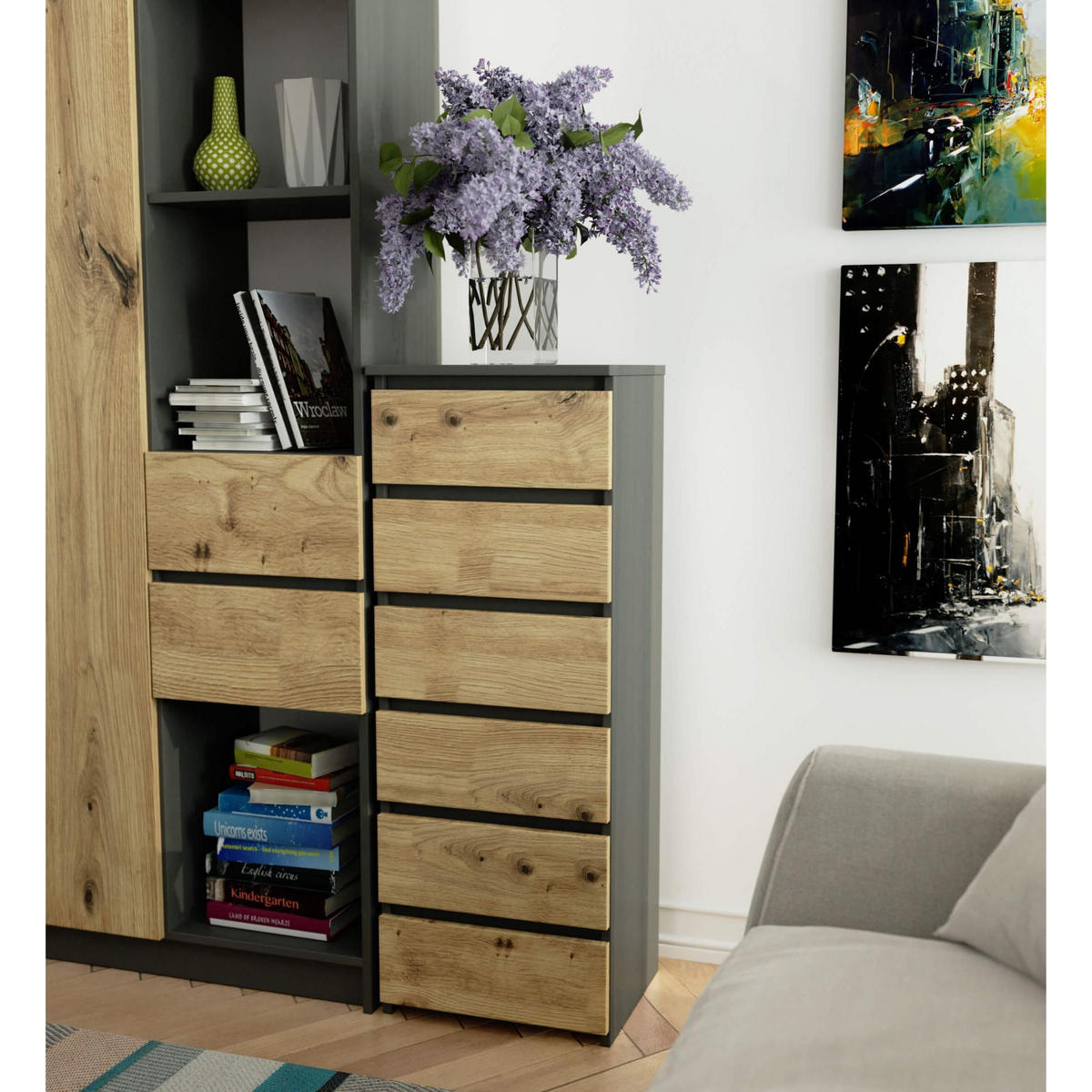 KOMMODE Grau, Eiche Artisan 40x35x109 cm - Eiche Artisan/Grau, Holzwerkstoff (40/109/35cm) - Akord
