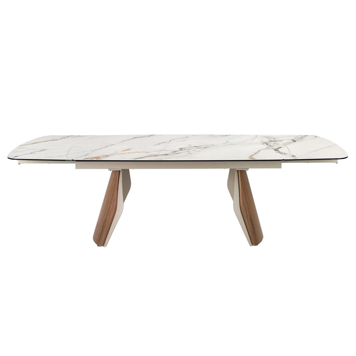 ESSTISCH Ovaler ausziehbarer Esstisch in Fassform aus Porzellan-Marmor, metallisch sandfarbenem Stahl und Nussbaumholz Ø180/100/76 cm - Sandfarben/Walnussfarben, Stein/Metall (100/180/76cm) - ANGEL CERDA