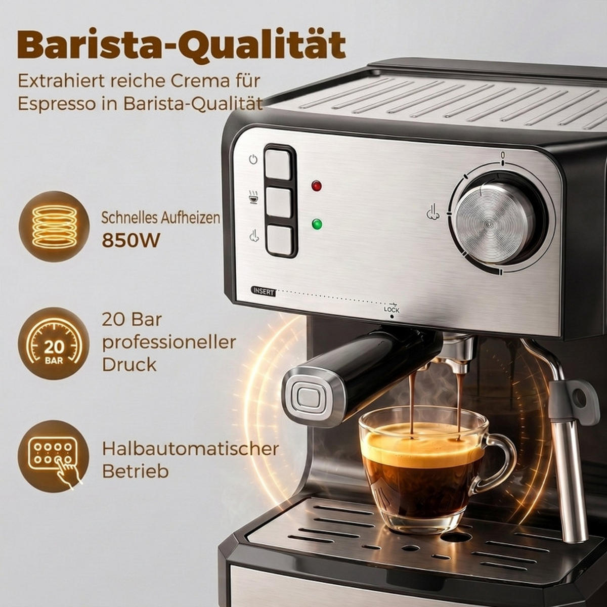 ESPRESSOMASCHINE 29/22/28cm, Schwarz, 20‑Bar‑Druck, Milchaufschäumdüse, 1,6‑l‑Wassertank - Schwarz, Metall (22/28/29cm)