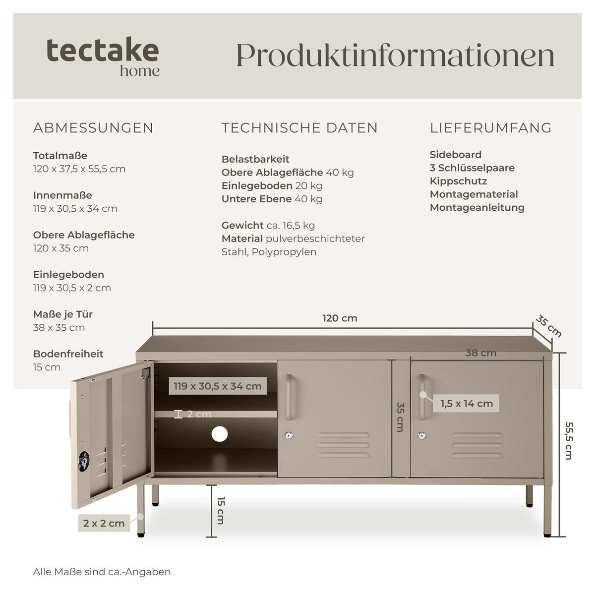 SIDEBOARD Baker, Kippschutz, höhenverstellbare Füße, taupe - Taupe, Metall (120/55.5/37.5cm) - tectake