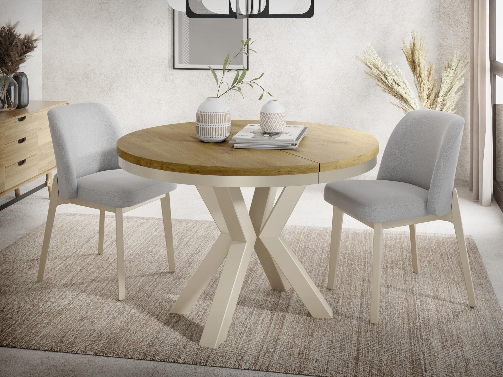 ESSTISCH Clara Beige Cashmere runder ausziehbarer, Lancelot Eiche 120-200/120/76 cm - Kaschmir/Eichefarben, Holzwerkstoff/Metall (120/120/76cm) - WFL GROUP