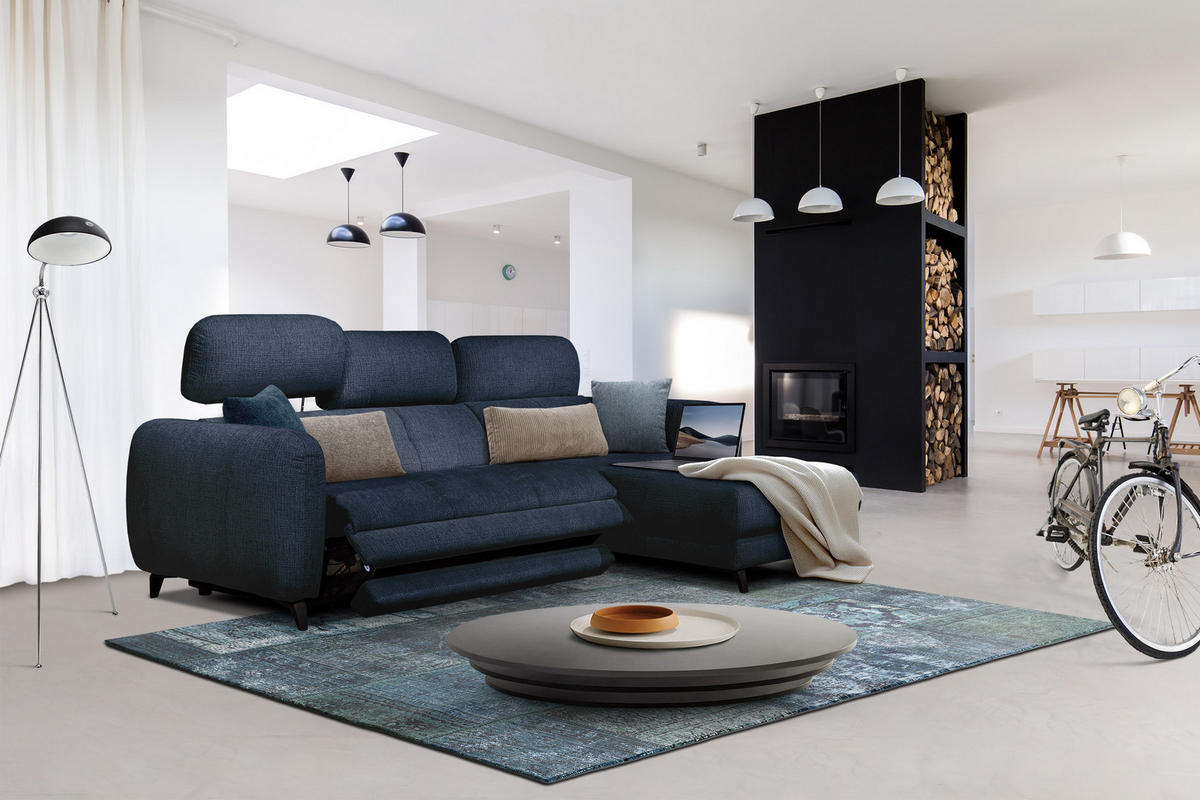 ECKSOFA SVEN 3-Sitzer, 1 Relax XL, verstellbare Kopfstützen, navy blue - Schwarz/Dunkelblau, Holzwerkstoff/Textil (256/163cm) - Courtois Laville