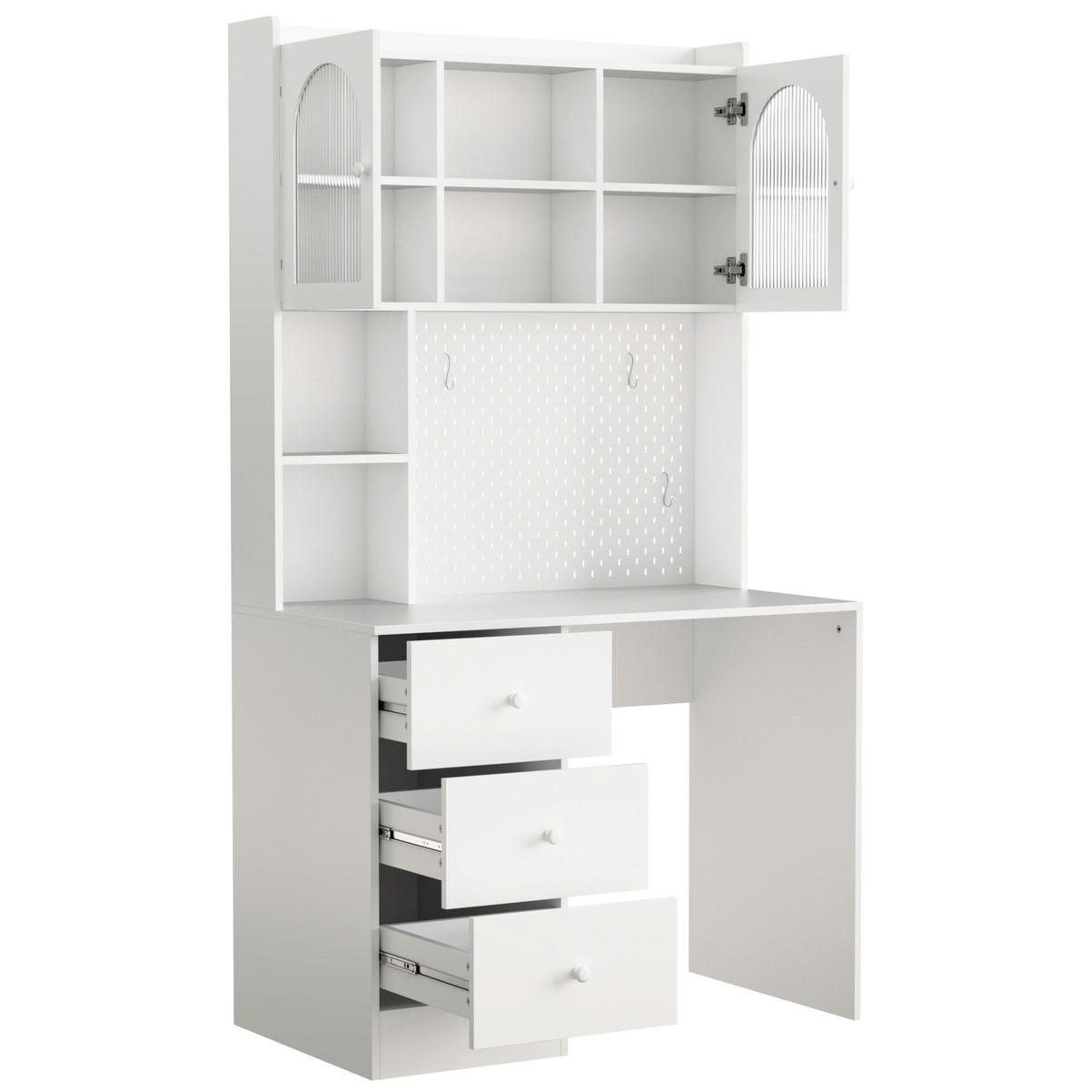 SCHREIBTISCH Weiß Multifunktional mit Schrank Pinnwand Vitrine & 3 Schubladen - Weiß, Holzwerkstoff (100/180/55cm) - Urban Meuble