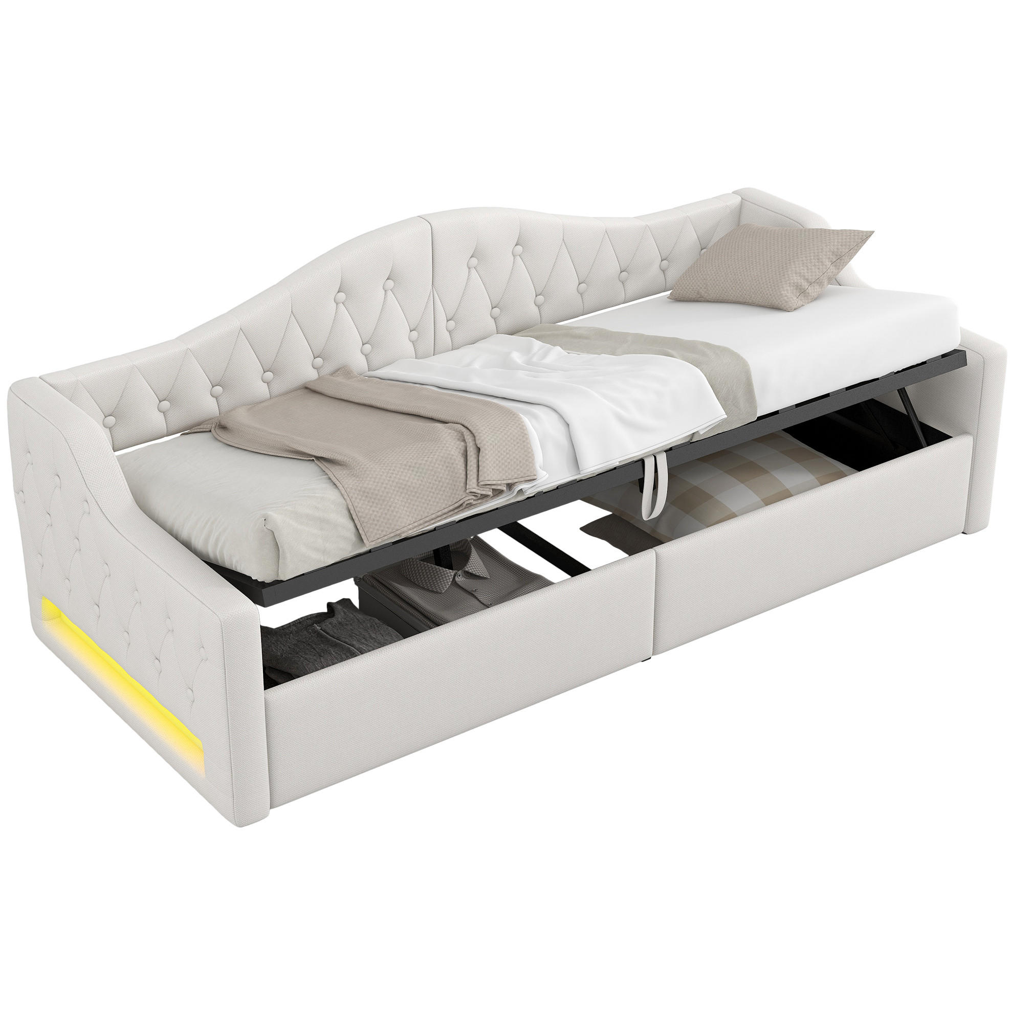 POLSTERBETT 90/200 cm mit LED-Beleuchtung und Stauraum in Beige - Beige, Holzwerkstoff (90/200cm) - BEAOK