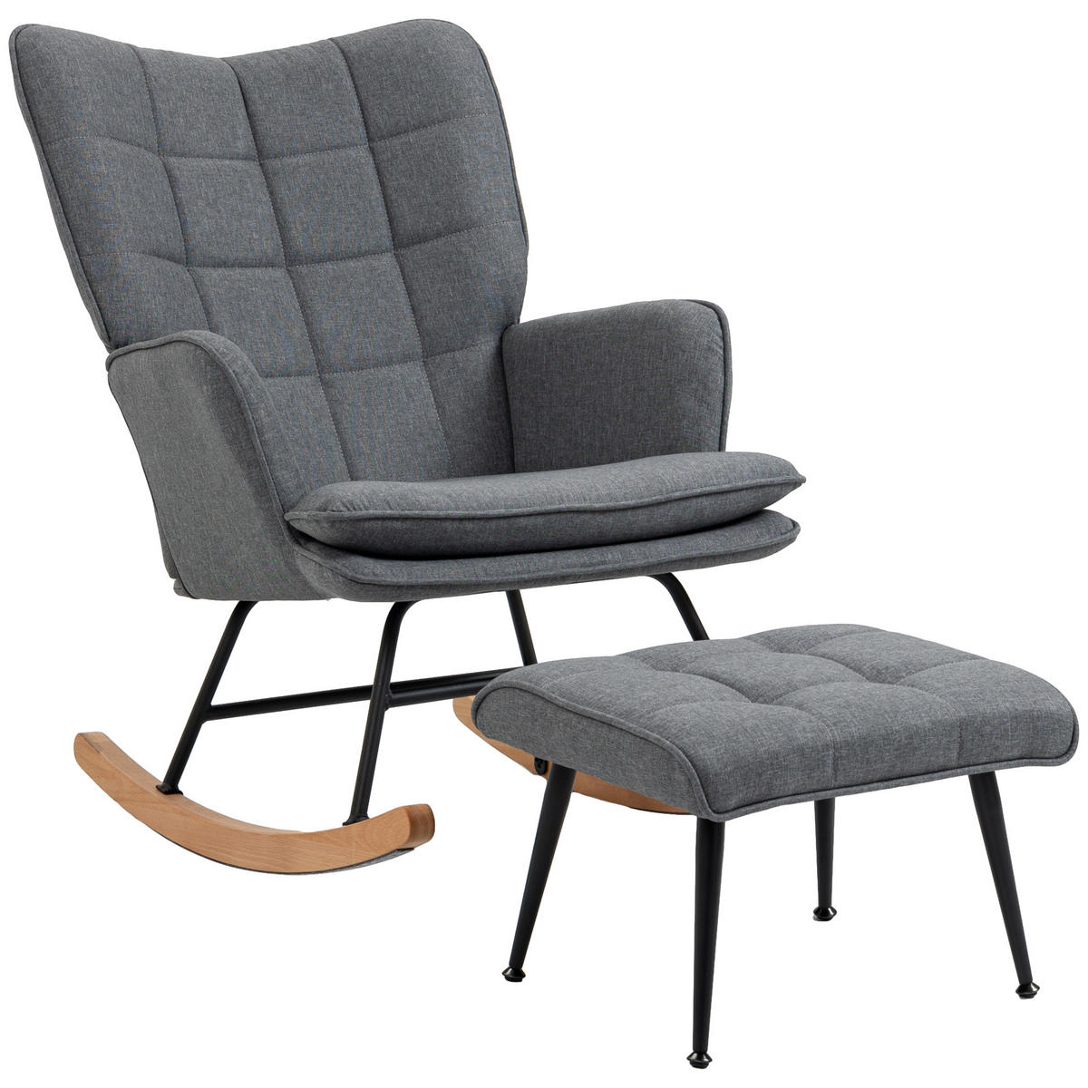 SCHAUKELSTUHL DE-07571 mit Hocker und Leinenoptik Grau - Grau, Metall (89/90/64cm) - ComfortXL