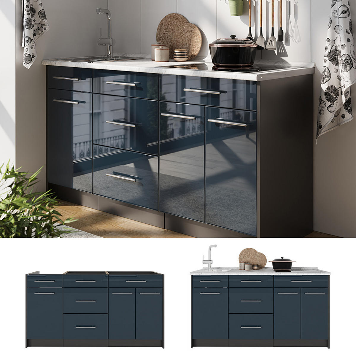 KUCHYNSKÝ BLOK Fame-Line, Tmavo modrá vysoký lesk, 150 cm, AP Antracit - tmavomodrá/antracitová, kompozitné drevo (150/82/60cm) - Vicco