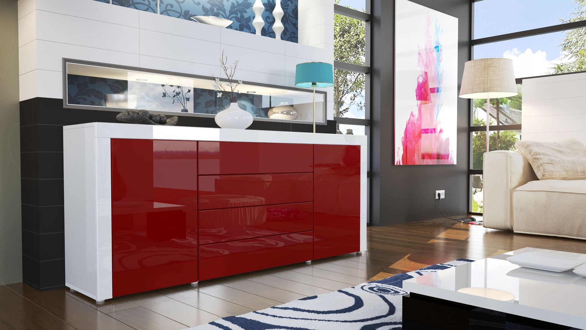 SIDEBOARD La Paz Bordeaux Hochglanz / Weiß Hochglanz - Bordeaux, Holzwerkstoff (167/72/35cm) - Vladon