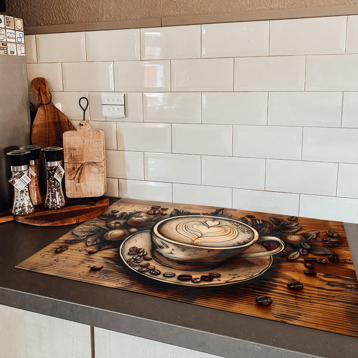 HERDABDECKPLATTE Kaffee - Vintage - Braun - Tasse - Holz Induktionsschutz 80x52.2 cm - Cappuccino, Kunststoff (80.2/52.2/0.2cm) - MuchoWow