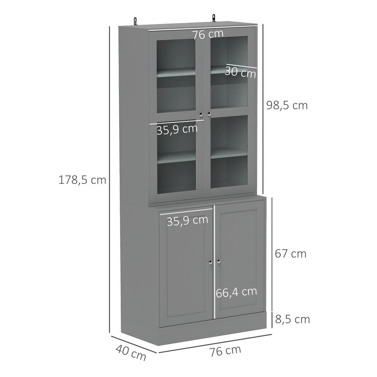 AKTENSCHRANK DE-14525 6 Ebenen mit 2 Glastüren, verstellbare Böden Grau - Grau, Holzwerkstoff (40/178.5/76cm) - ComfortXL