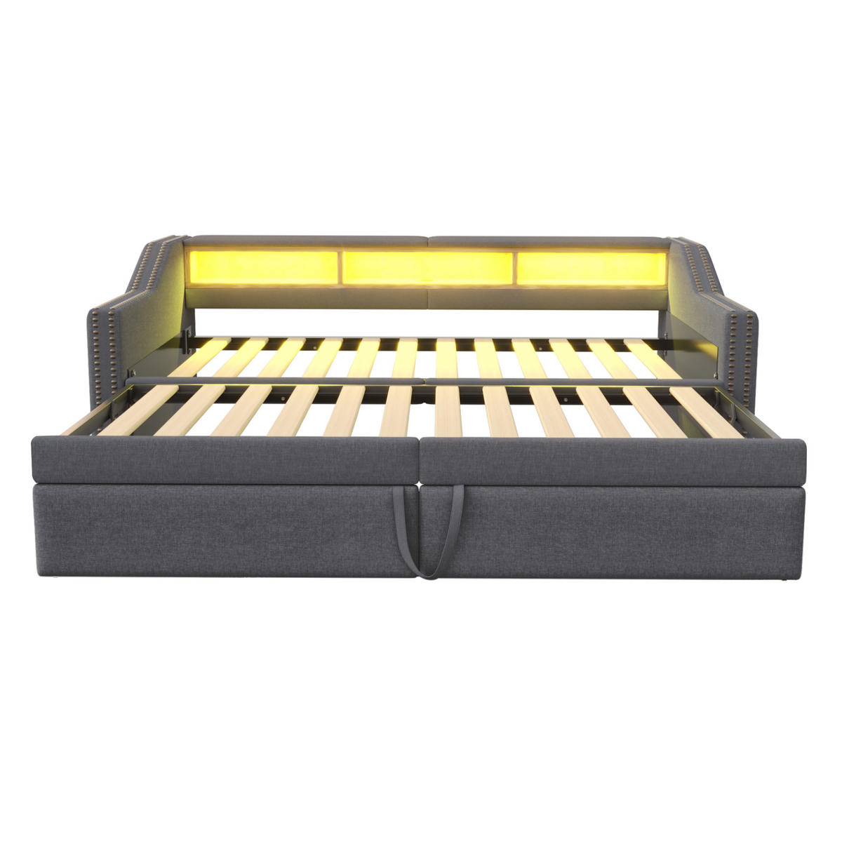 POLSTERBETT aus Leinen 90/180x200 cm Dunkelgrau mit Ausziehbett, LED, USB und Ablagefächern - Dunkelgrau, Textil (90/190cm) - Modfu