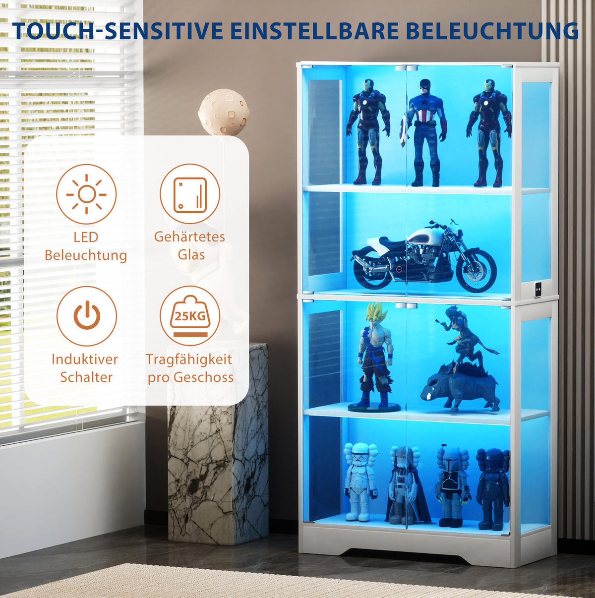 VITRINE 80/35/165 cm in Weiß mit LED-Beleuchtung und Glastüren - Weiß, Holzwerkstoff (80/165/35cm) - Flora Grace