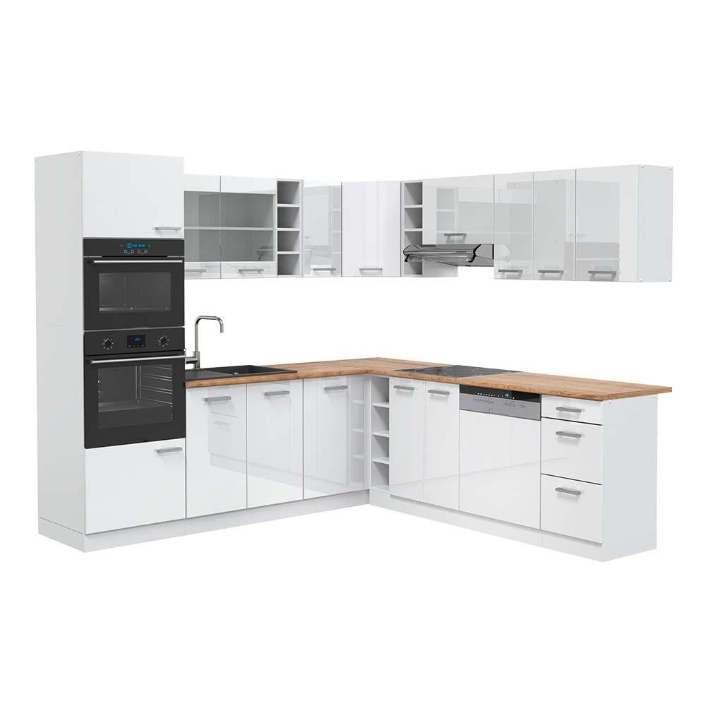 KUHINJA U OBLIKU SLOVA L R-Line, Sjajna Bijela /Bijela, 247 x 237 cm, RP Hrast - bijela/bijela visoki sjaj, drvni materijal (247/206.8/60cm) - Vicco