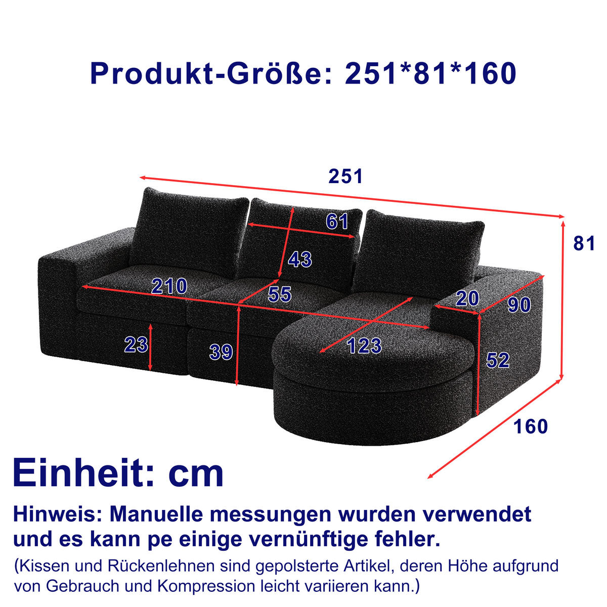 SCHLAFSOFA aus Chenille mit Liegestuhl, montagefrei - Schwarz, Textil (251/81/160cm)
