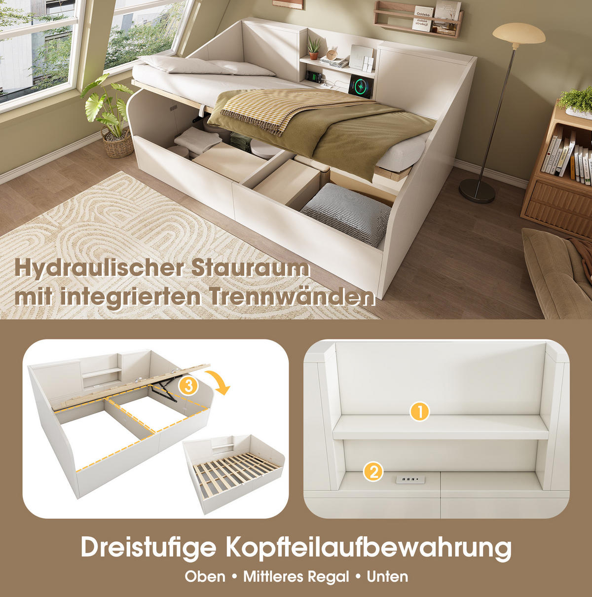 POLSTERBETT 140/190 cm in Weiß mit Stauraum, Lattenrost und USB/Type-C-Ladestation - Weiß, Textil (140/190cm) - BEAOK