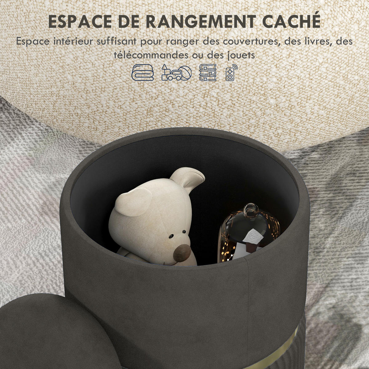 POUF DE-16379 mit Stauraum und Rippenvelours Grau - Grau, Textil (36/44/36cm) - ComfortXL