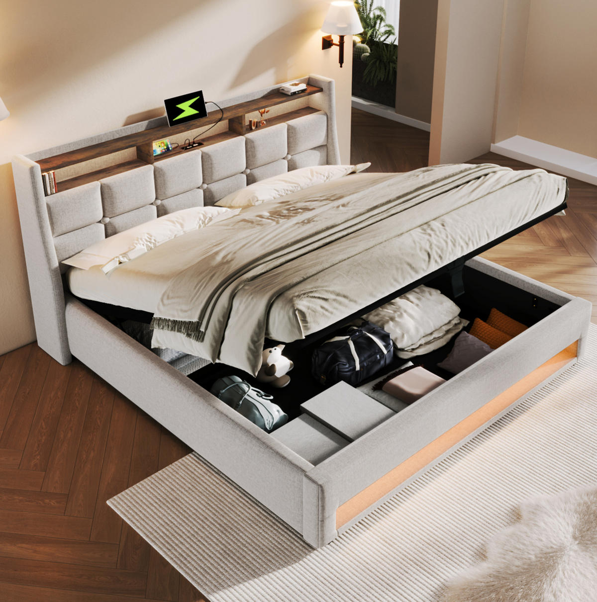 BETT mit Stauraum und USB 140x200 cm Leinen Beige - Beige, Metall (140/200cm) - Meubliv