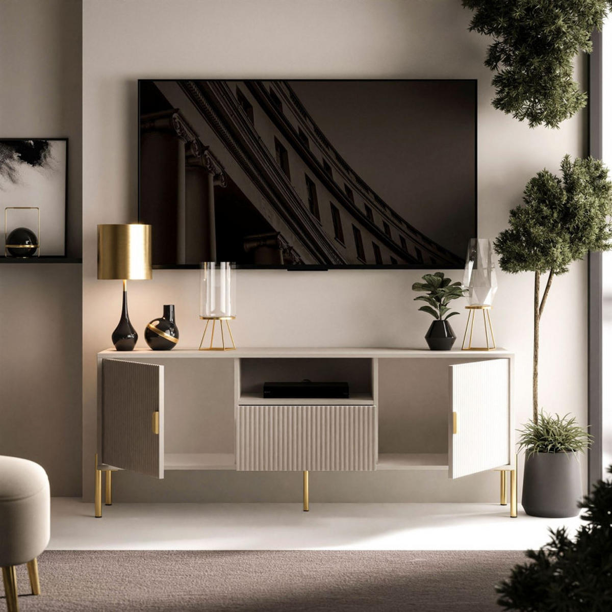 TV Schrank DALIA 155 cm - Kaschmir/Goldfarben, Holzwerkstoff (155/58/40cm) - Lookway