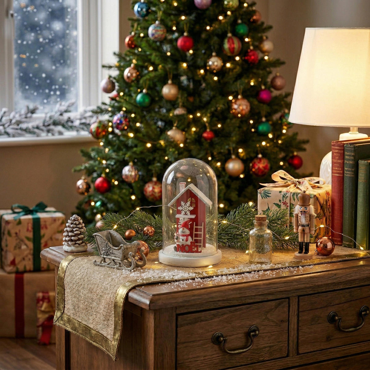 GLASKUPPEL mit Weihnachtshaus aus Holz 7/7/11,5 cm - Rot, Holzwerkstoff (7/11.5/7cm) - Atmosphera Createur d´interieur