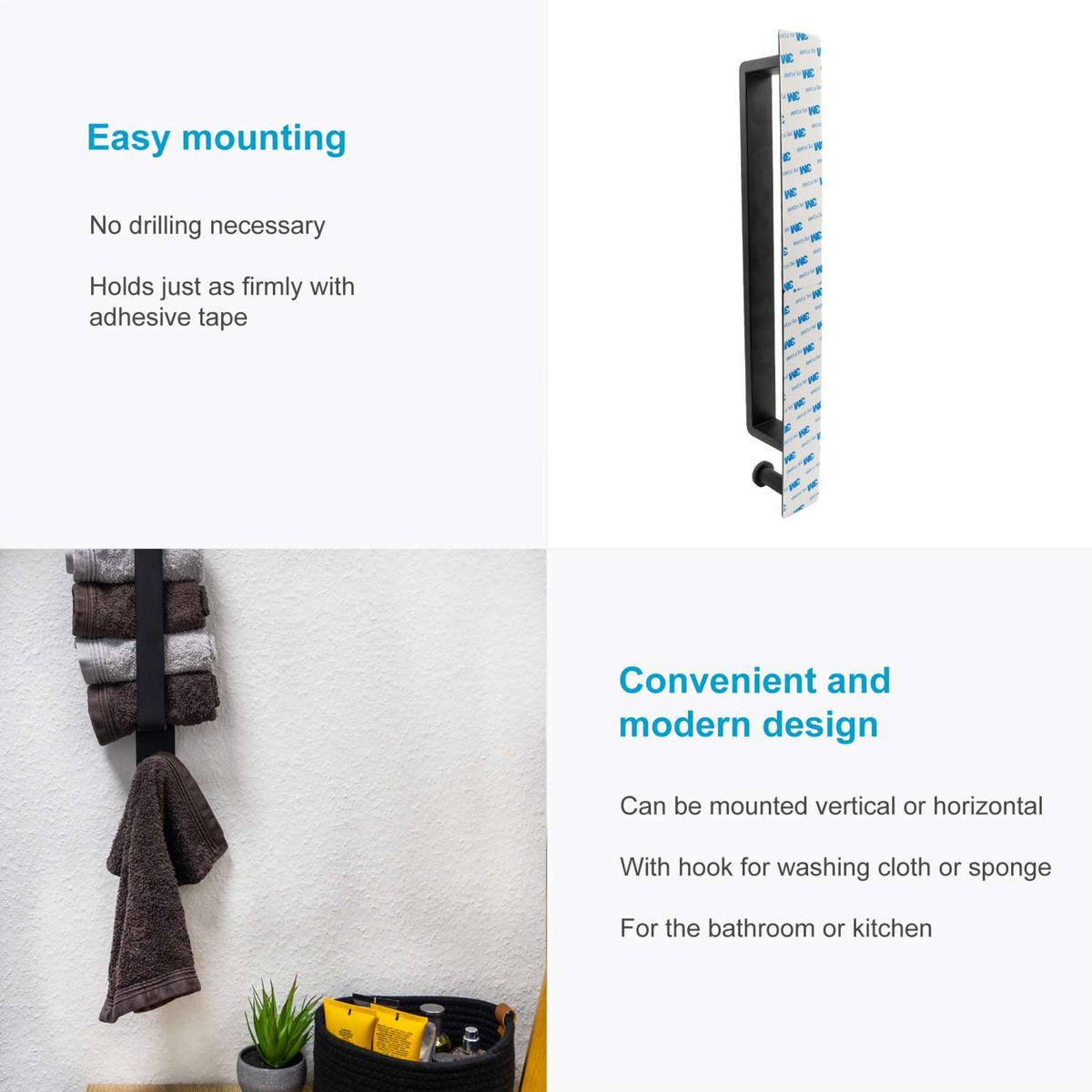 HANDTUCHHALTER ohne Bohren - Schwarz, Metall (4.5/6.5/41.5cm) - Intirilife