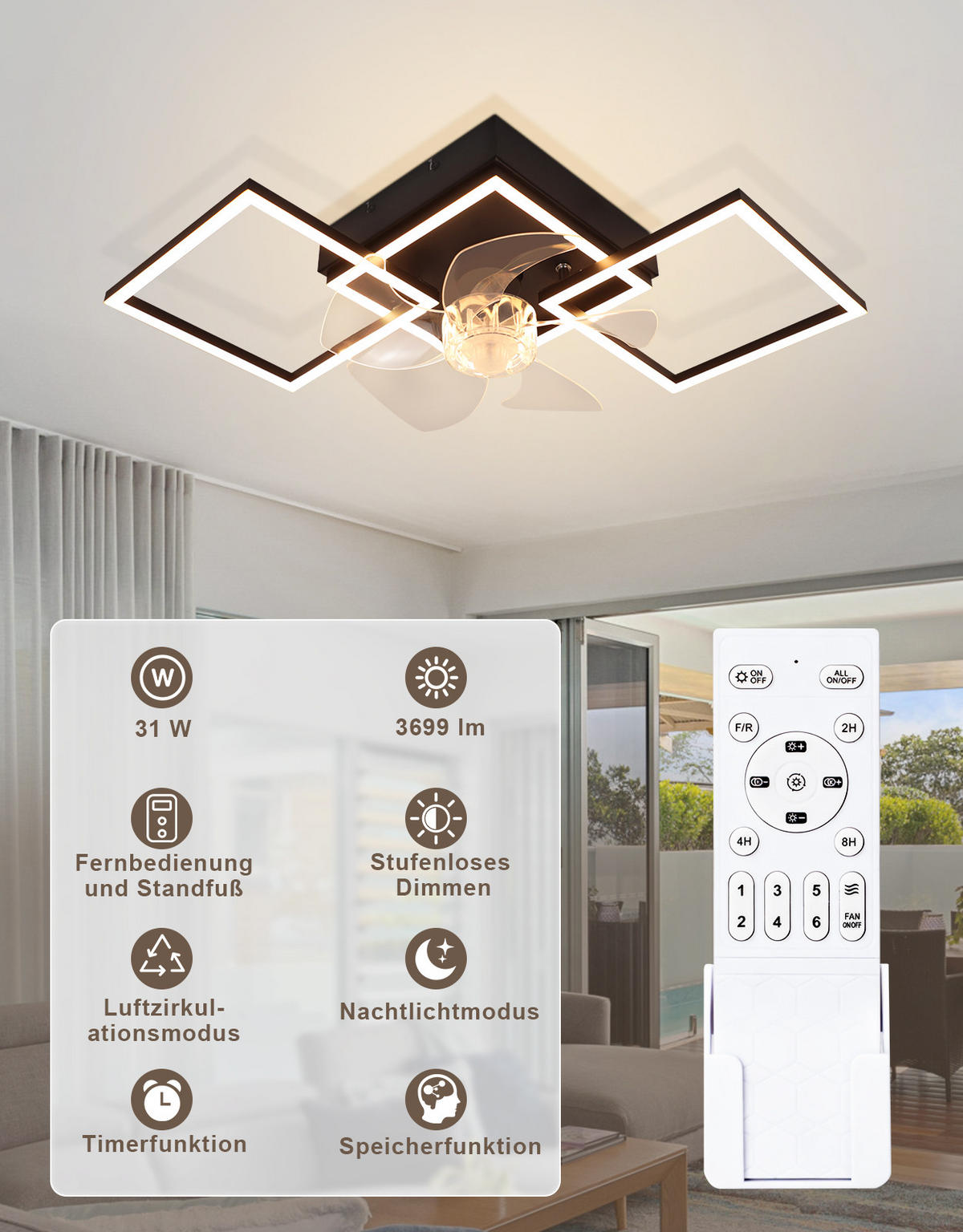 LED DECKENVENTILATOR Telven 68/31/14 cm - Schwarz, Kunststoff/Metall (68/31/14cm) - ZMH