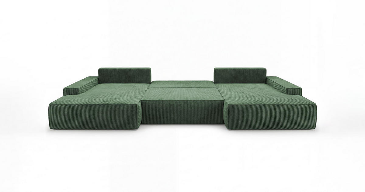 WOHNLANDSCHAFT VERONA U-Form grün Cord Poso 14 - Schlaffunktion, Bettkasten - Grün, Textil (385/86/185cm) - Cornero