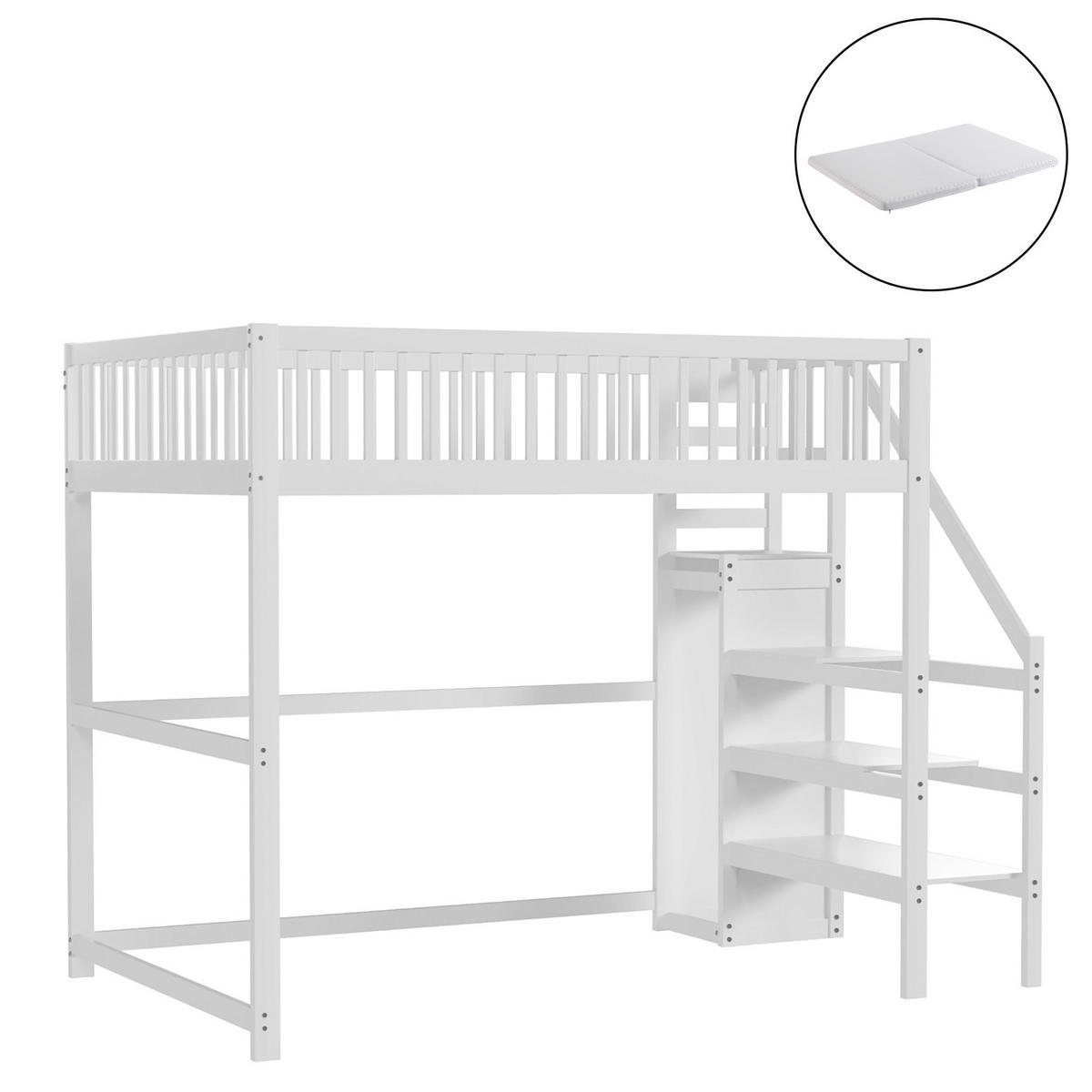 HOCHBETT 140/200 cm weiß Kinderbett aus Kiefernholz mit Kleiderschrank mit Matratze - Weiß, Holzwerkstoff (140/200cm) - OKWISH