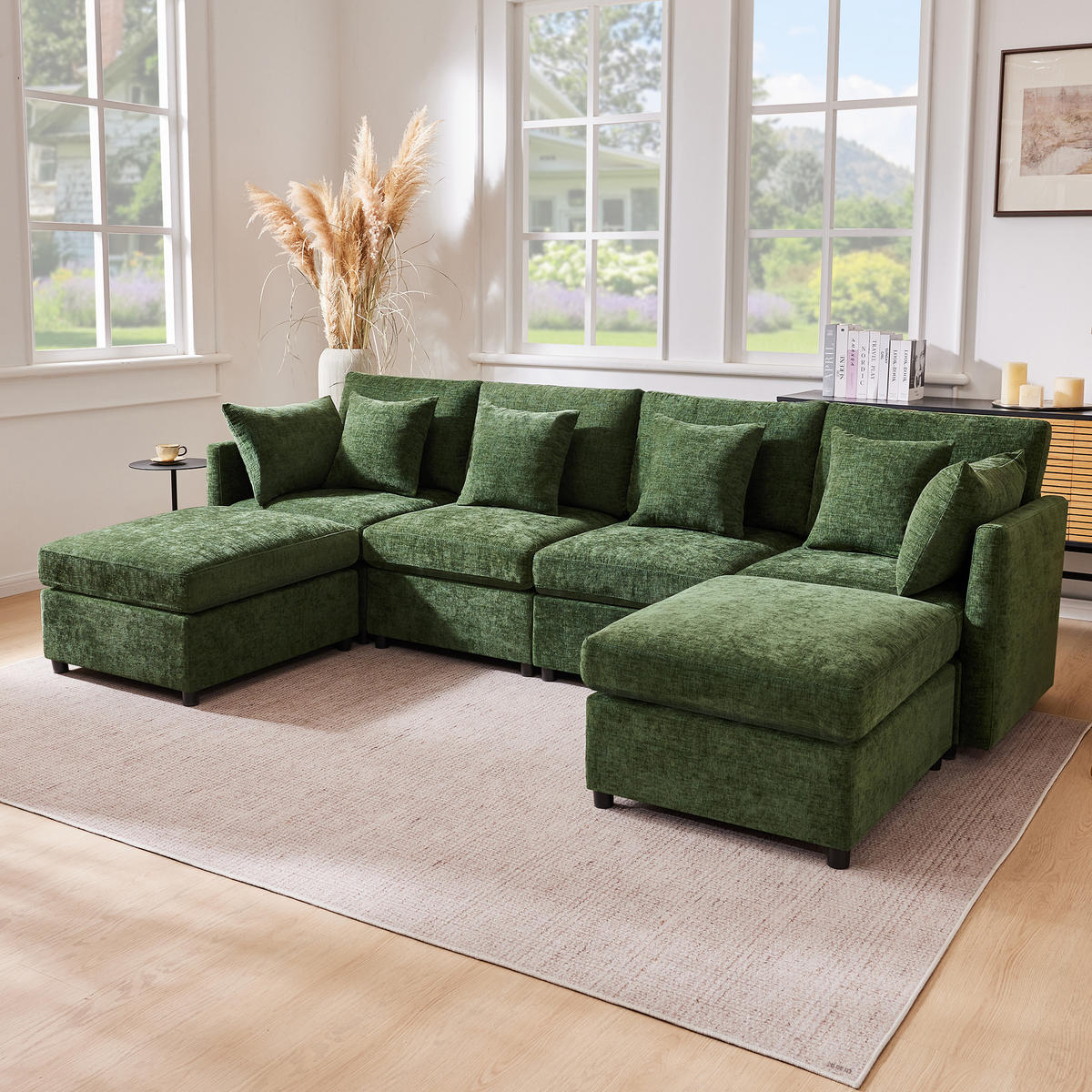 WOHNLANDSCHAFT Chenille Olivgrün mit Hocker und Kissen - Grün, Holzwerkstoff/Kunststoff (278/81/161cm) - WISHDOR
