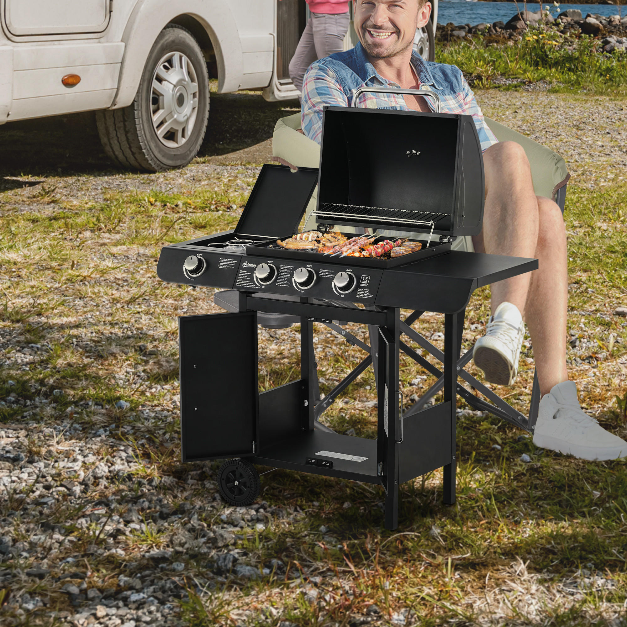 GASGRILL mit 3 Brennern 1 Seitenbrenner Stahl Schwarz 110 x 50 x 100 cm - Schwarz, Metall (50/100/110cm) - Outsunny