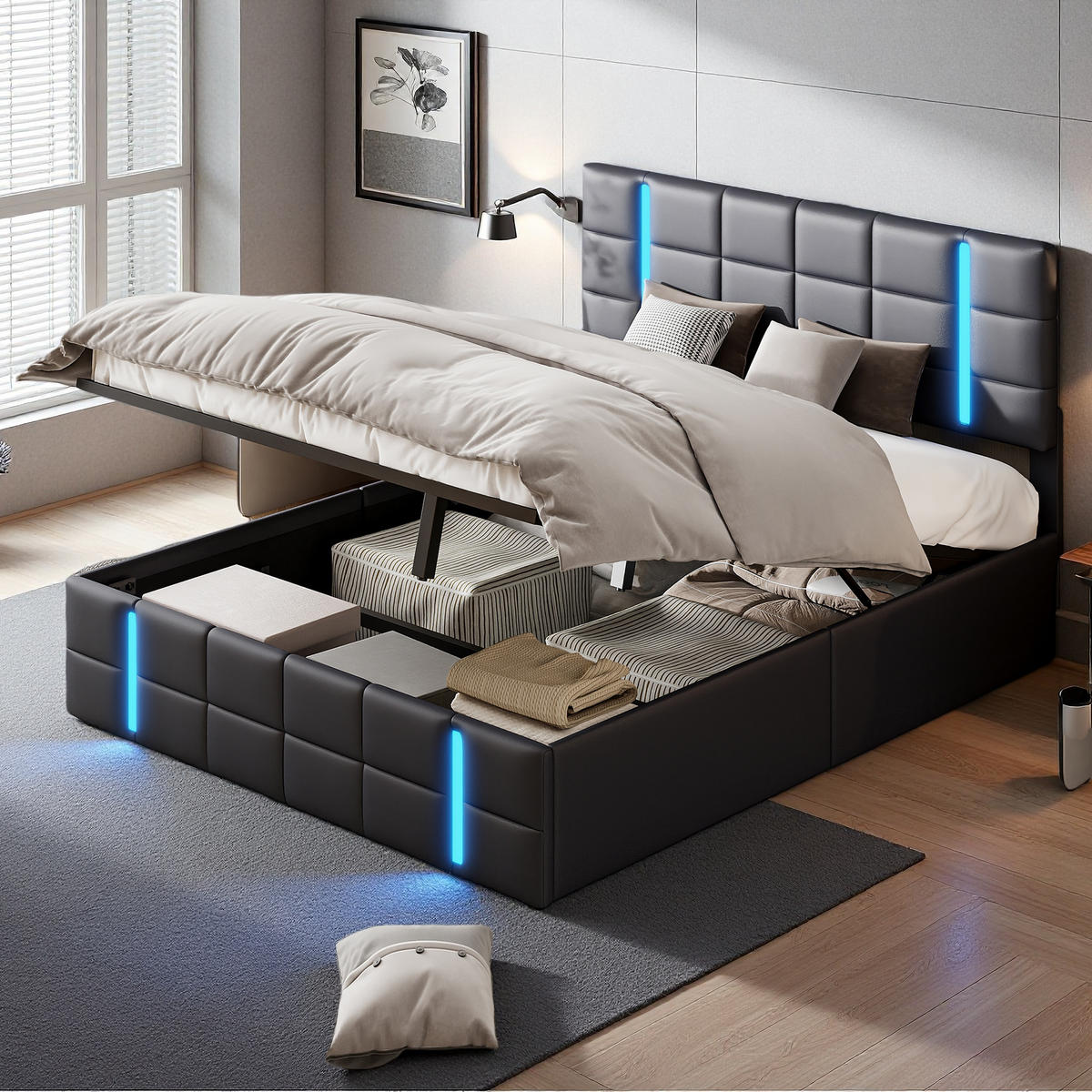 POLSTERBETT 160x200 cm Schwarz PU Leder LED USB Bettkasten - Schwarz, Holz (160/200cm) - SHOPENTRA