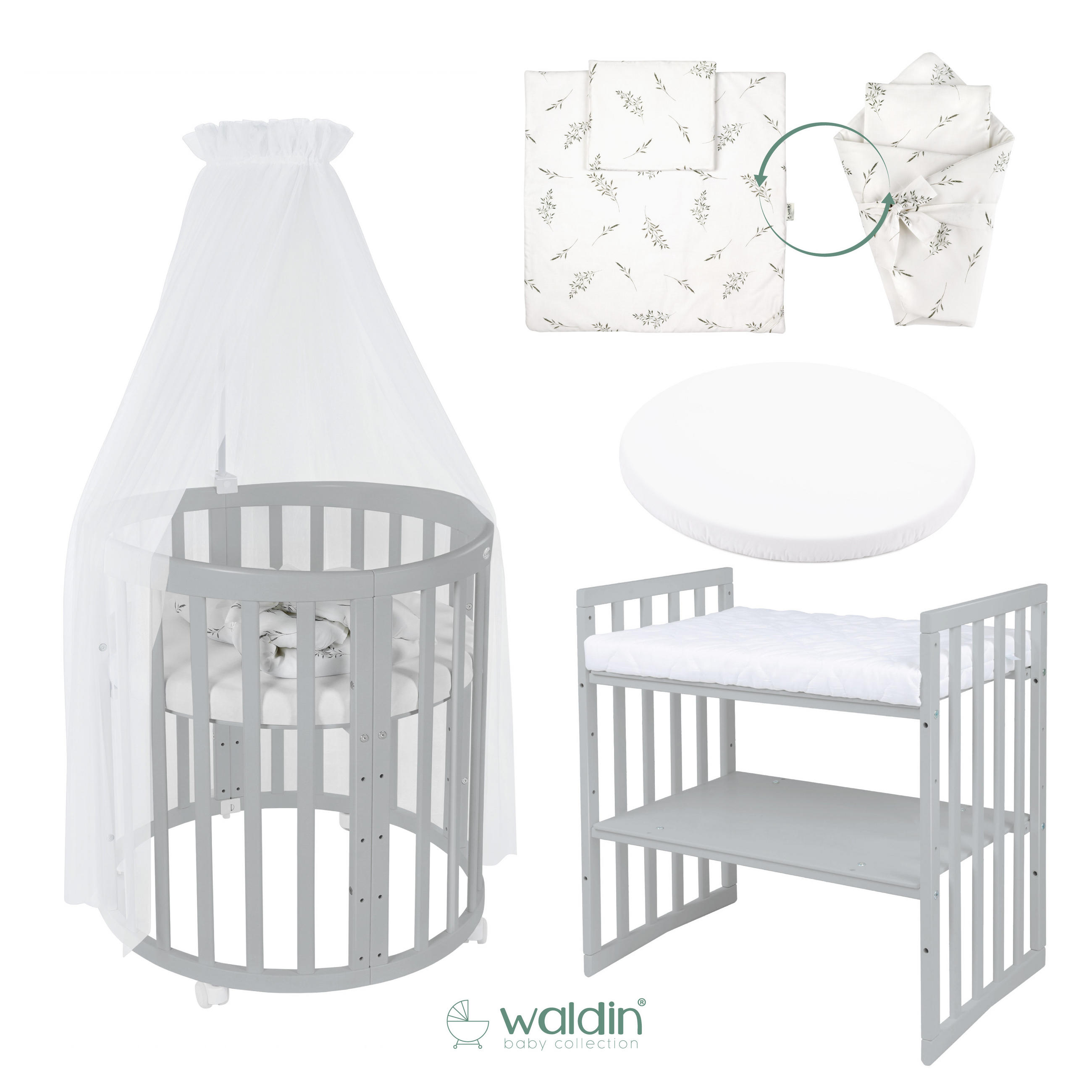 BABYBETT GREY OVAL 7in1 mit Matratze und Himmelset - Weiß/Grau, Holz/Textil
