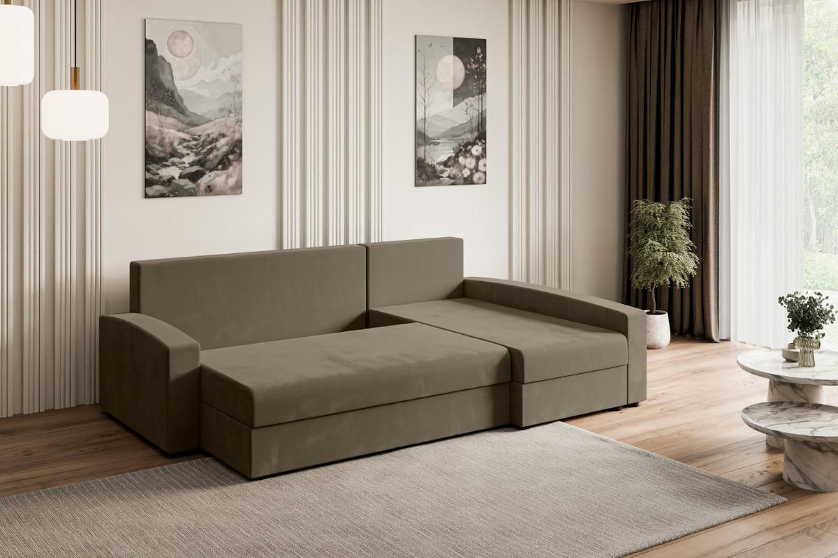 ECKSOFA mit Schlaffunktion und Bettkasten ALESIA-L 231x140x90 cm Braun Velours - Silberfarben/Braun, Holzwerkstoff/Kunststoff (231/140cm) - ALTDECOR