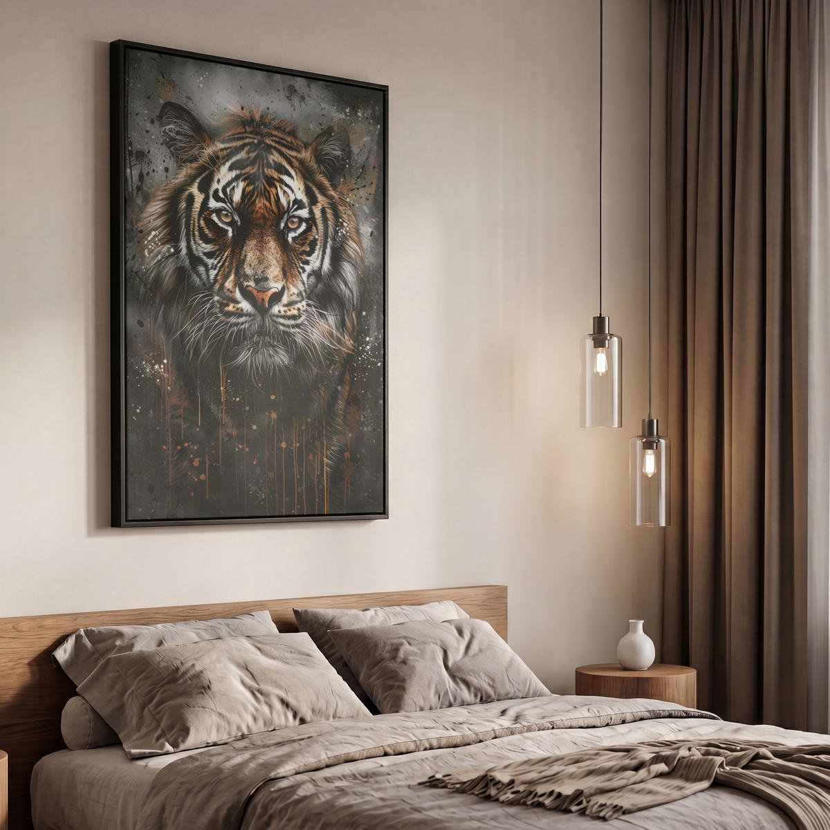 LEINWAND Bilder mit Rahmen - Tiger - Tiere - Porträt - Luxus - Schwarz - 60x90 - Braun, Textil (60/90cm) - MuchoWow