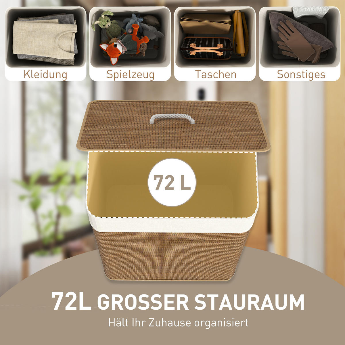 BAMBUS Wäschekorb mit Deckel 72 L Wäschesammler mit Seilgriffen Braun - Braun, Naturmaterialien (30/60/40cm) - HOMCOM